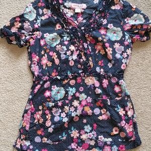 Koi Blue Floral Scrub Top XS